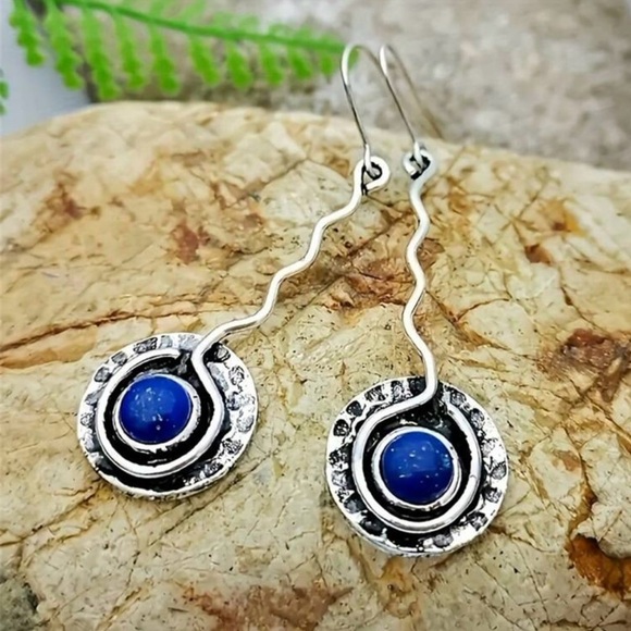 Lapis Lazuli Hammered Plate~ Tribal Ethnic Wavy Spiral Swirl Disc Platter Dangle - Picture 3 of 15